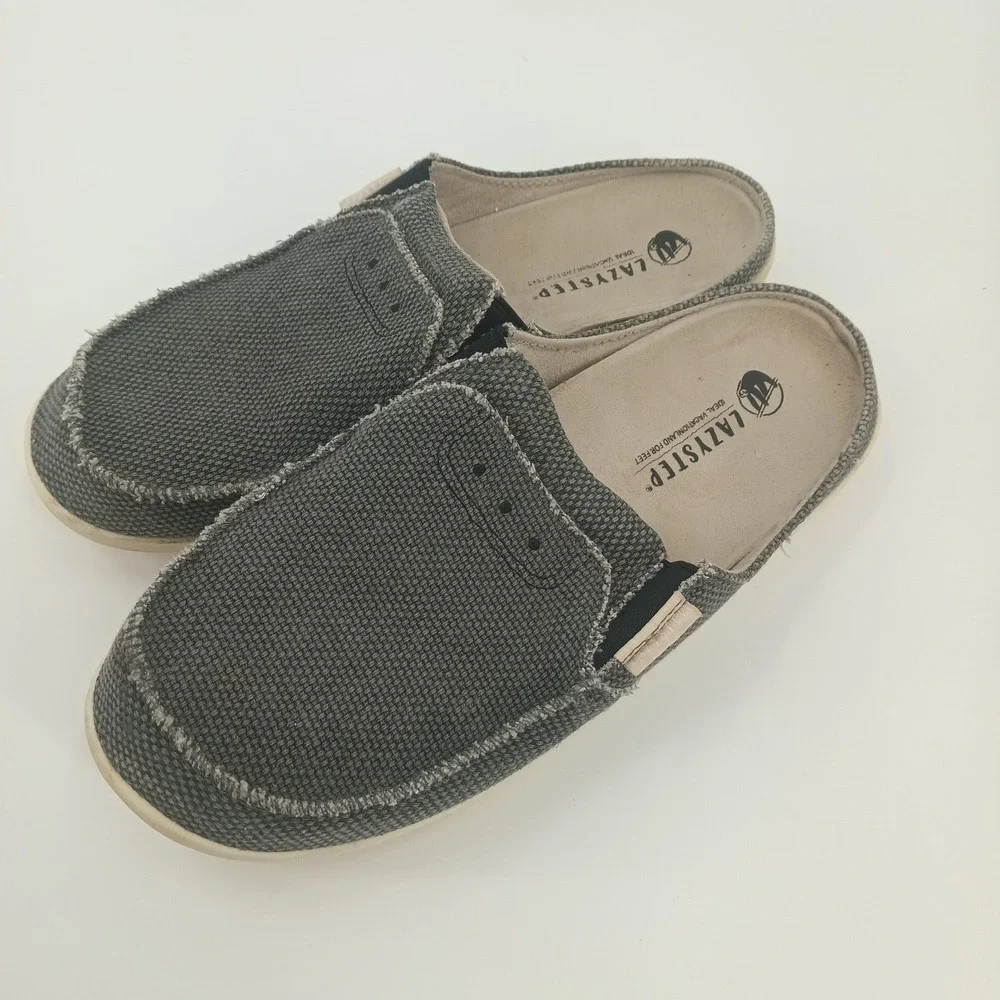 Lazystep Size 13‎ Mens Grey Canvas Slip On Loafers Backless Frayed Comfort Shoes